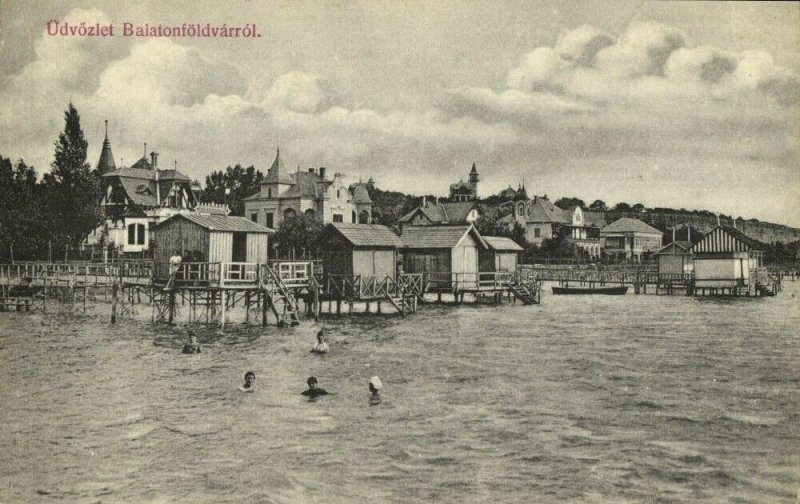 hungary, BALATONFÖLDVÁR, Panorama with Swimming People (1910s) Postcard