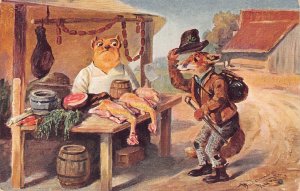 Comic Humor Humanized Dog Selling Poultry Sausage to Fox Traveler postcard  B925