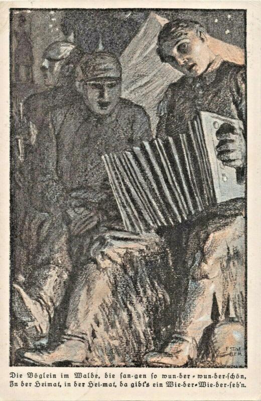 MOHLFAHRTS AUSFCHUB-GERMAN SOLDIERS-ACCORDIAN-SING-WW1 MILITARY ARTIST POSTCARD