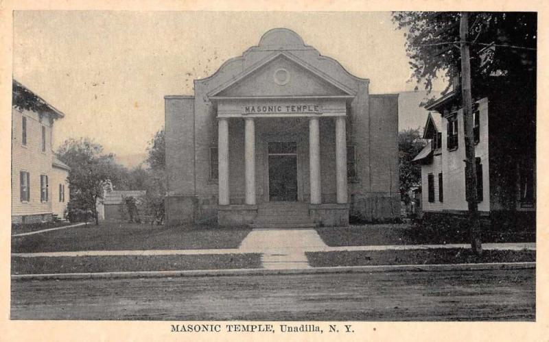 Unadilla New York birds eye view Masonic Temple entrance antique pc Z18729