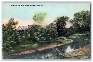 c1910 Scene Soldier River Lake Bridge Trees Ute Iowa IA Vintage Antique Postcard