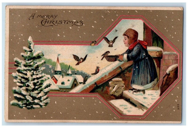 1907 Christmas Woman Feeding Birds Pine Tree Snowfall Jersey City NJ Postcard 