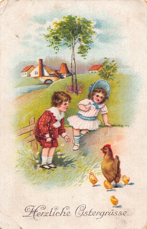 B155 Easter Greetings 1918 Chicken Chicks Children WWI field postcard