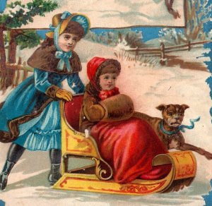 1880s-90s Christmas Woolson Spice Co. Lion Coffee Girls Sled Cute Dog #5W