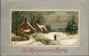 Christmas House Landscape Bridge Winter Scene Embossed c1...