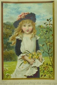 1880's Victorian Seasons Greetings Card Lovely Girl Daffodils Poem On Back &M