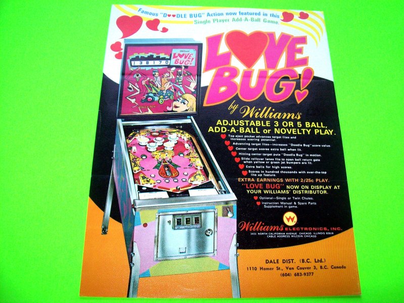 LOVE BUG Original 1971 Flipper Game Pinball Machine Promo Sales Flyer