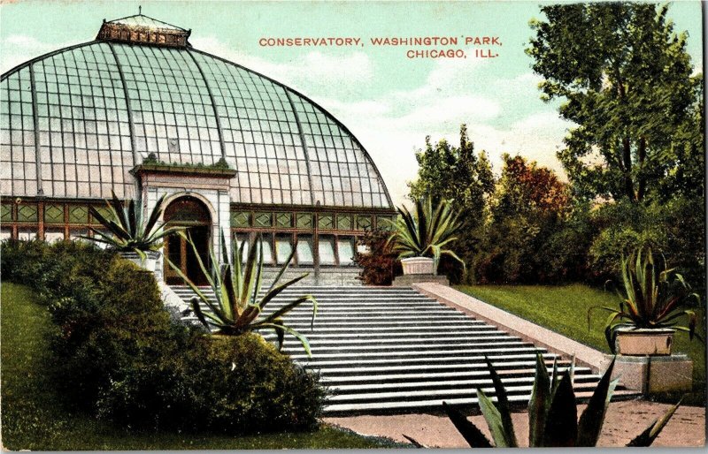 View of Conservatory in Washington Park, Chicago IL Vintage Postcard X33