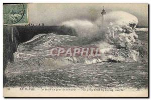 Old Postcard Lighthouse Le Havre The pier one day storm