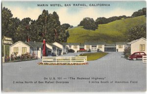 MARIN MOTEL San Rafael, CA Redwood Highway Roadside 1940s Linen Vintage Postcard