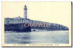 Old Postcard Lighthouse Treport cliffs and the beach at low tide