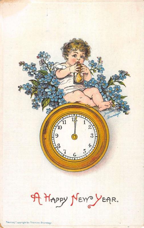 Happy New Year Baby Hour Glass Clock Brundage Antique Postcard K22230