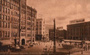 Vintage Postcard Pioneer Square Hotels Buildings Monument Seattle Washington WA