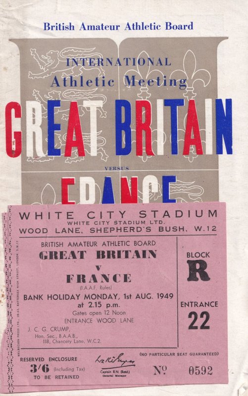 Great Britain France 1949 Amateur Athletics & Tickets Theatre Sports Programme