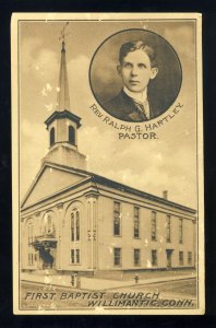 Willimantic, Connecticut/CT Postcard, First Baptist Church, Rev Hartley, Pastor