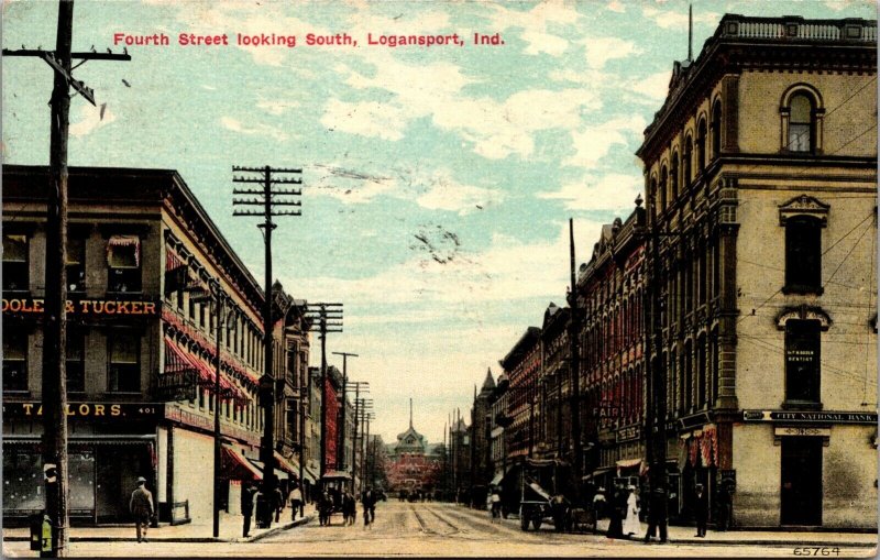 Postcard Fourth Street Looking South in Logansport, Indiana~525