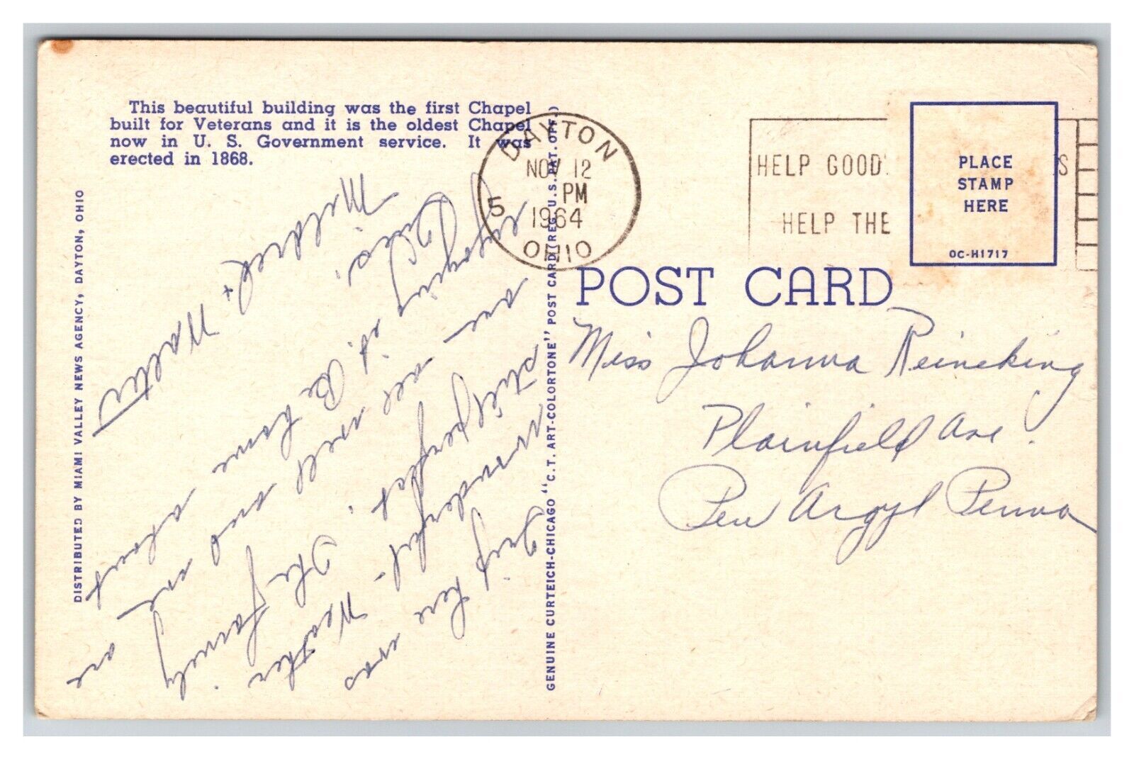 Vintage 1940s Postcard Chapel Veterans Administration Center Dayton ...