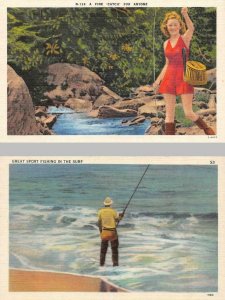 2~Postcards FISHING  Pretty Girl~A Fine Catch & Man Ocean Fishing ca1940's Linen