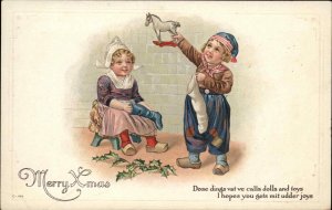 Christmas Dutch Children Little Boy with Toy Horse c1910 Vintage Postcard