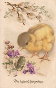 Drawn chicken & blossom bell Easter greetings fantasy postcard 1940 Germany