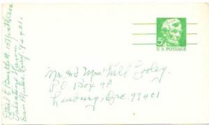 Postcard used. mailed in 1969. Five cent Lincoln pre-canceled.