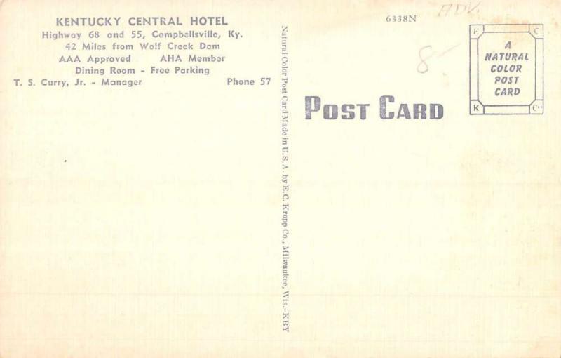 Campbellsville Kentucky Central Hotel Street View Antique Postcard K80877