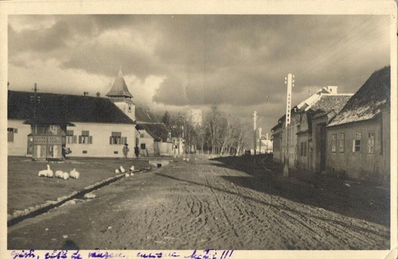 romania, GHIMBAV WEIDENBACH, Street with Protestant Church (1952) RPPC Postcard