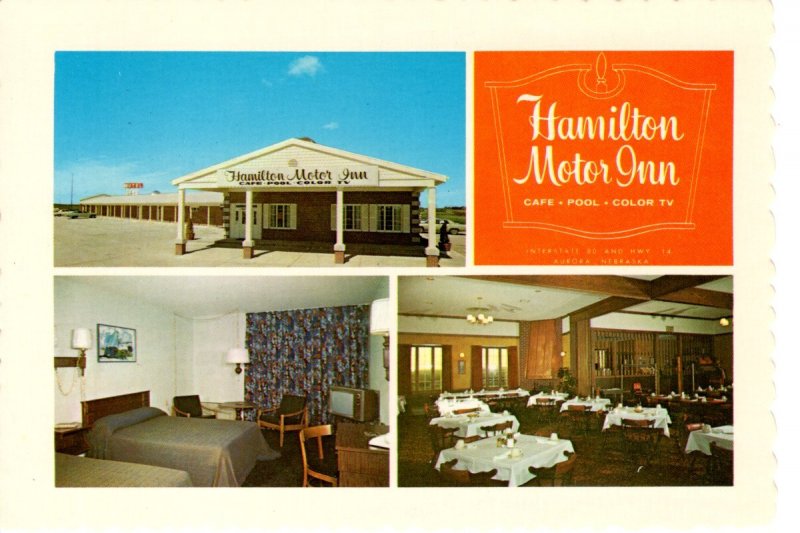 Vintage Postcard- Hamilton Motor Inn Aurora Nebraska NE Room and dining area