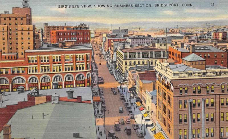 Bridgeport Connecticut 1940s Linen Postcard Birdseye View Business Section