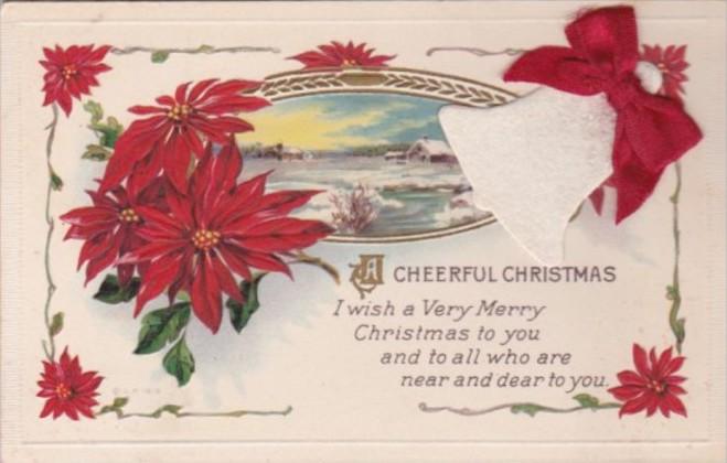 Christmas Landscape Scene Red Poinsettias &  White Bell