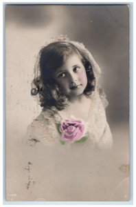 1913 Little Girl Flower Studio Portrait Toronto Ontario RPPC Photo Postcard 