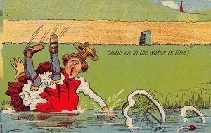 COME ON IN THE WATER IS FINE!  WOMAN BICYCLE ACCIDENT POSTCARD