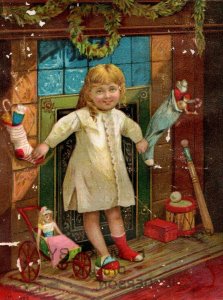 1880's F. M. Kilby Henderson, NY Adorable Girl Christmas Burdock Trade Card P102