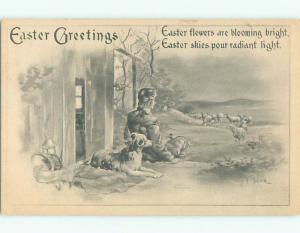 Pre-Linen easter signed DOG SITS BESIDE MAN WATCHING THE SHEEP W6990