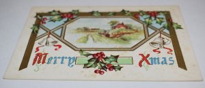 Merry Xmas Farm Scene Embossed Postcard with Gilt Detailing