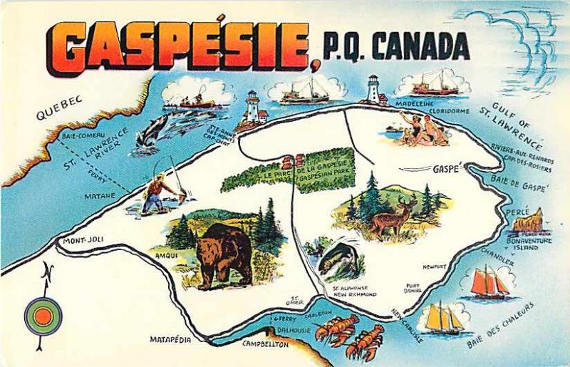 Gaspesie Quebec Canada Chrome Map Postcard