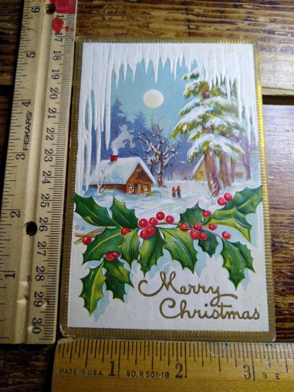 Postcard - Merry Christmas with Mistletoe Snow Scene Embossed Art Print