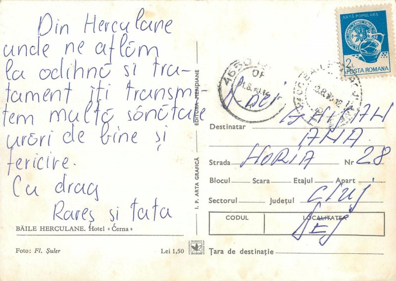 Romania Cerna Hotel Baile Herculane Postcard