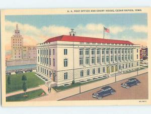 Unused Linen COURTHOUSE & OLD CARS AT POST OFFICE Cedar Rapids Iowa IA d8751@