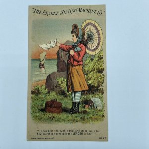 Leader Sewing Machine Co Girl Woman Umbrella Parasol Sailboat Ship Trade Card