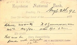 Aug,1892, US Postal Card, Keystone National Bank, Reading, PA, Old Card