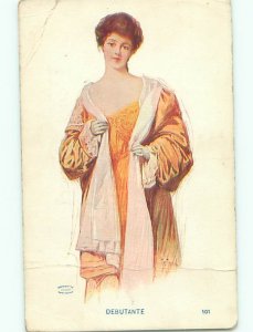 Pre-Linen signed DEBUTANTE - PRETTY GIRL IN ORANGE DRESS k6686