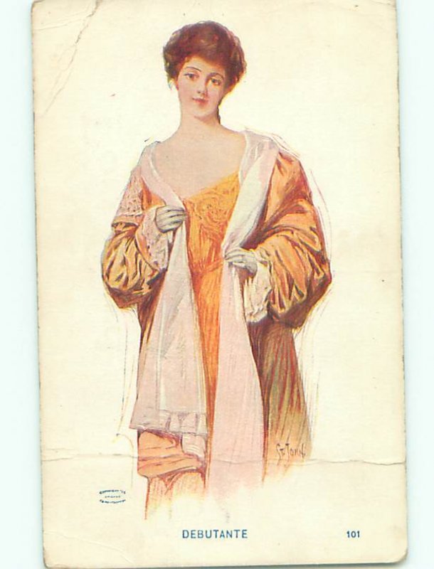 Pre-Linen signed DEBUTANTE - PRETTY GIRL IN ORANGE DRESS k6686