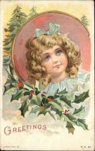 Christmas Children Girl Holly c1900s-20s Postcard