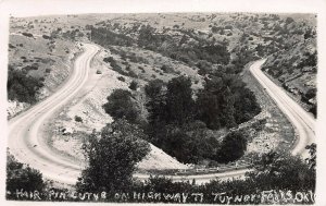 Hair Pin Curve, Highway 77, Tyner Falls, OK, Early Real Photo Postcard, Unused