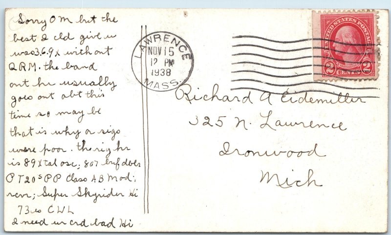 1938 Lawrence, MASS W1ZAZ QSL Ham Radio Card Handmade PC RST William Pasquill A3