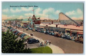 c1930's Boulevard At Nantasket Beach MA, Roller Coaster Stores Cars Postcard