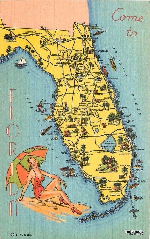 1940s Map Attractions Pin up Florida linen postcard 13050 Teich