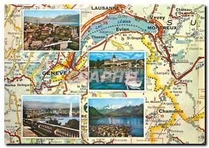 Postcard Modern Map With views of Lake Geneva in Lausanne Ouchy Geneva and Mo...
