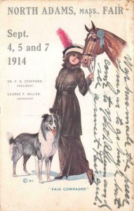 NORTH ADAMS MASSACHUSETTS FAIR WOMAN HORSE DOG ADVERTISING GLAMOUR POSTCARD 1914